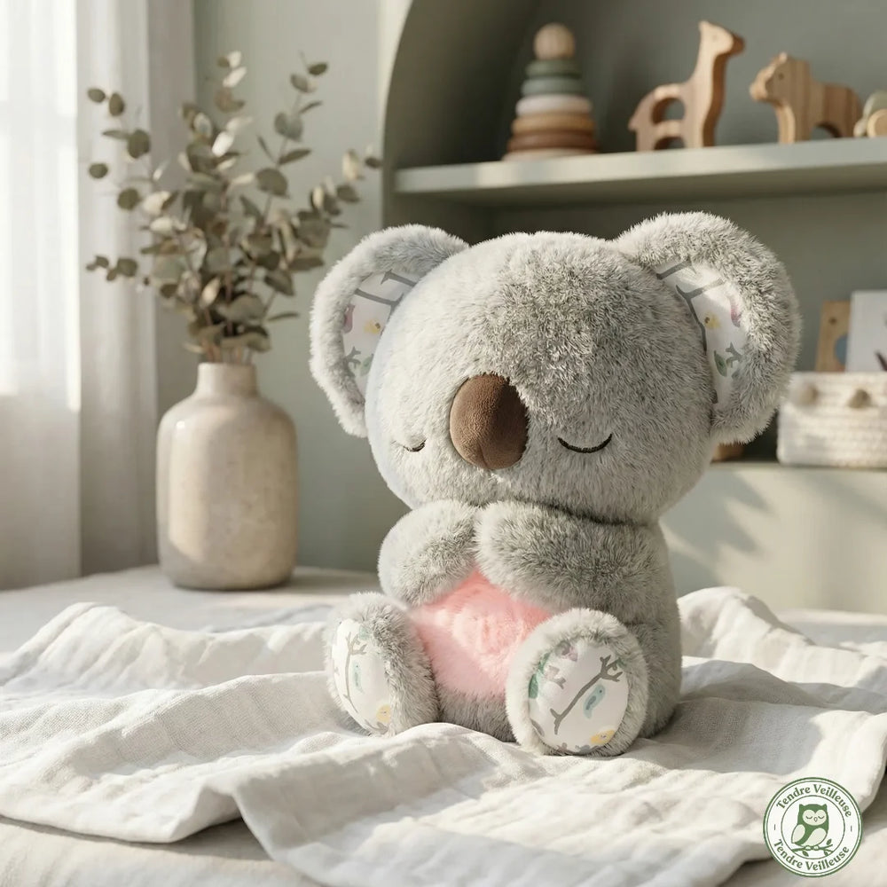 Peluche koala qui respire avec ventre lumineux rose, assis sur un lit bébé pour apaiser l'anxiété