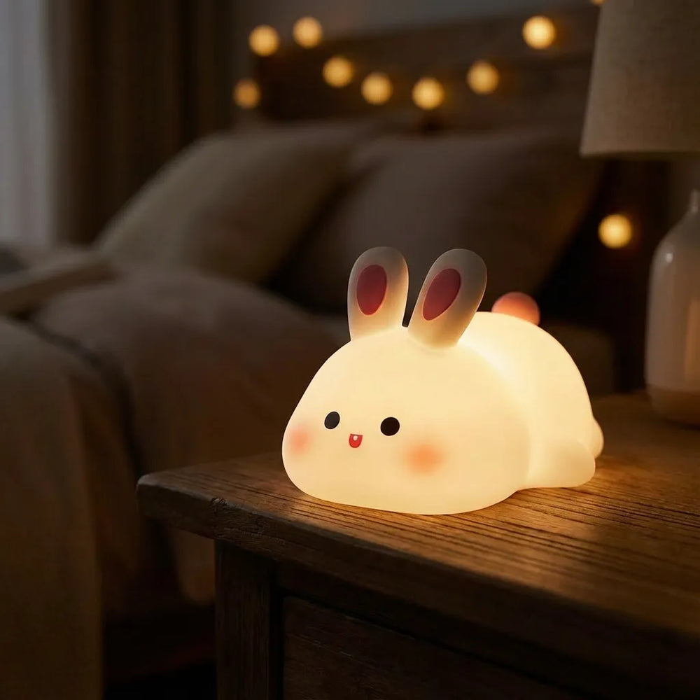 Veilleuse lapin illuminée dans le noir diffusant une lueur apaisante pour rassurer bébé contre la peur de l'obscurité.