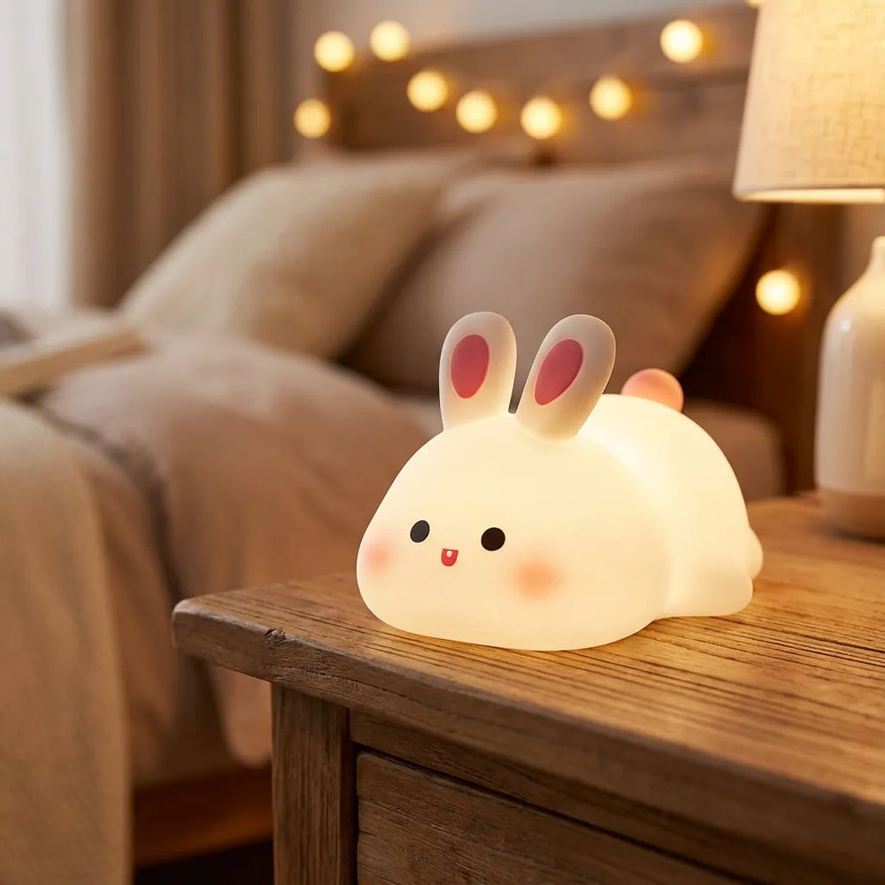 Veilleuse lapin couchée en silicone blanc souple allumée sur une table de nuit en bois, diffusant une lumière chaude pour le sommeil de bébé.