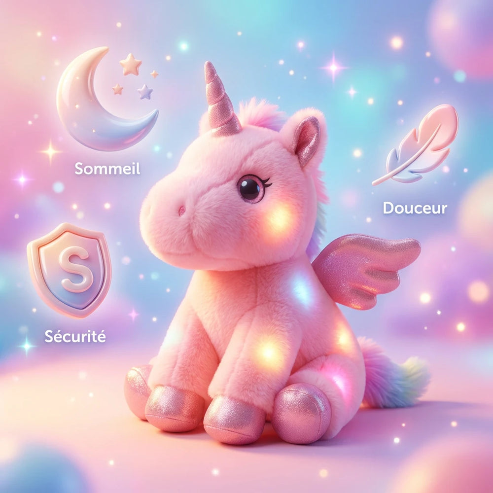 Illustration des 3 atouts de la veilleuse licorne : Sommeil (lune), Sécurité (bouclier) et Douceur (plume) sur fond féerique.