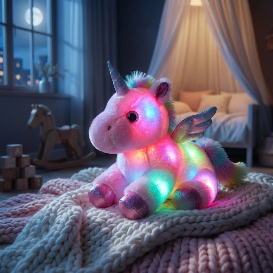 Peluche veilleuse licorne illuminée de LED multicolores douces dans une chambre sombre, créant une atmosphère rassurante.
