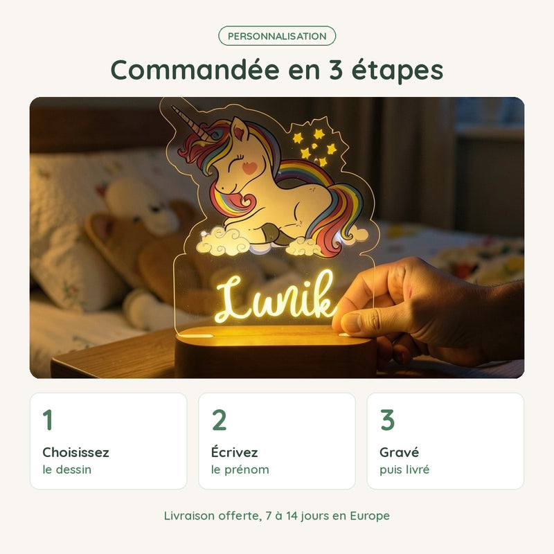 Veilleuse licorne personnalisée commandée en 3 étapes : dessin, prénom, gravure et livraison offerte