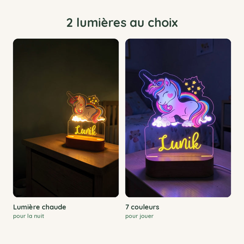 Veilleuse licorne personnalisée en lumière chaude pour la nuit ou en 7 couleurs pour jouer