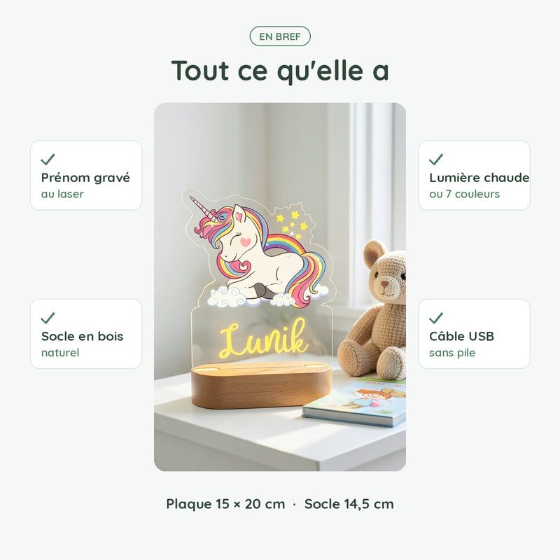 Veilleuse licorne personnalisée en bref : prénom gravé, socle en bois, lumière chaude ou 7 couleurs, USB sans pile