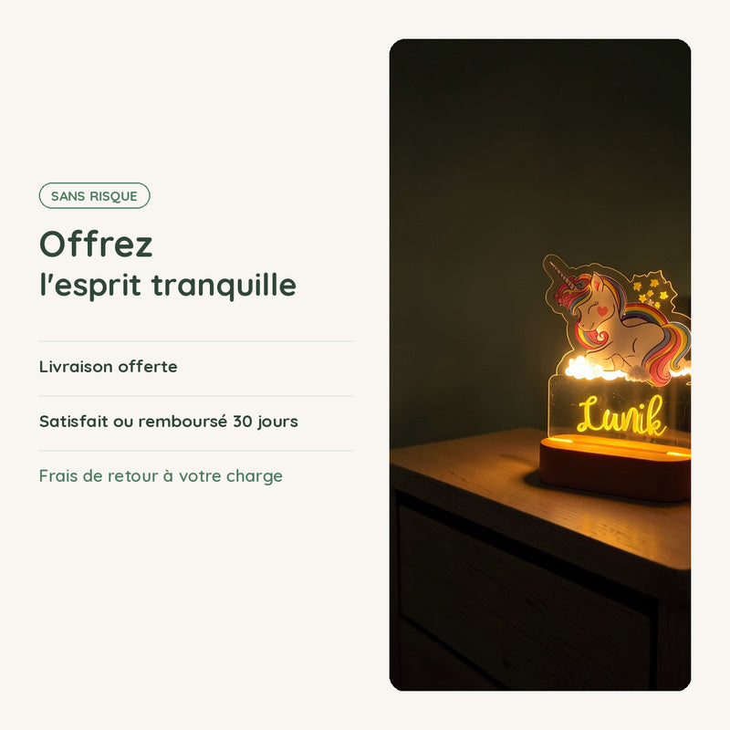 Veilleuse licorne personnalisée : livraison offerte, satisfait ou remboursé 30 jours