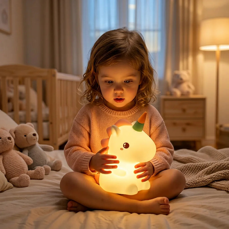 Petite fille de 3 ans tenant la Veilleuse Licorne silicone allumée dans les mains dans sa chambre au coucher. Tendre Veilleuse