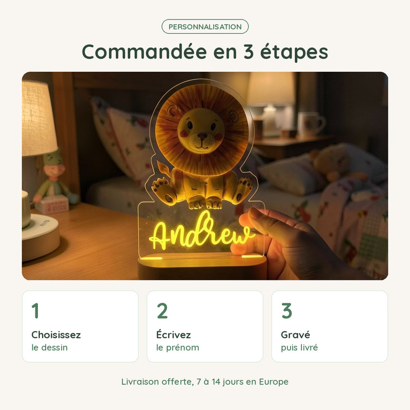 Veilleuse lion personnalisée commandée en 3 étapes : dessin, prénom, gravure et livraison offerte