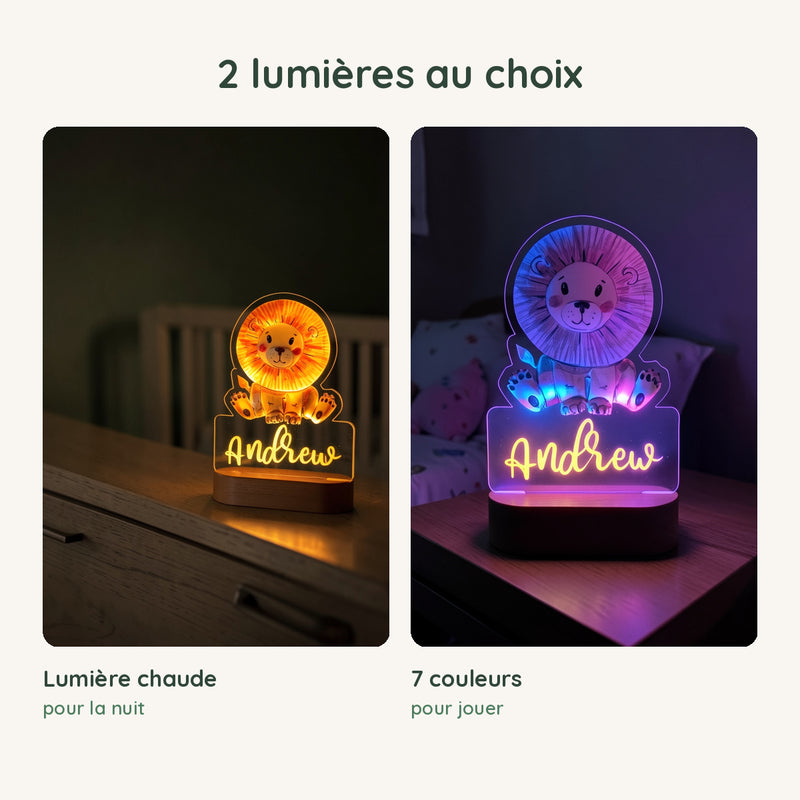 Veilleuse lion personnalisée en lumière chaude pour la nuit ou en 7 couleurs pour jouer