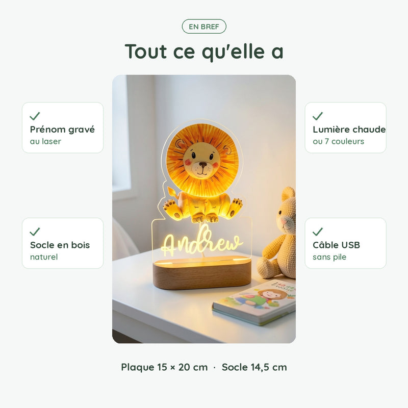 Veilleuse lion personnalisée en bref : prénom gravé, socle en bois, lumière chaude ou 7 couleurs, USB sans pile