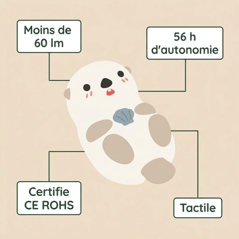 Veilleuse loutre silicone infographie 56 h autonomie certifiee CE ROHS commande tactile lumiere moins 60 lm — Tendre Veilleuse

