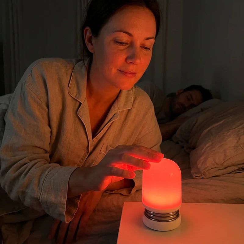 Femme allumant une veilleuse lumière rouge sans lumière bleue lors d'un réveil nocturne en chambre — Tendre Veilleuse