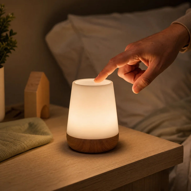 Parent utilisant la commande tactile de la veilleuse lumière rouge rechargeable la nuit Tendre Veilleuse