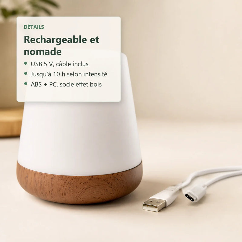 Zoom veilleuse lumière rouge tactile rechargeable USB avec diffuseur mat et socle effet bois Tendre Veilleuse