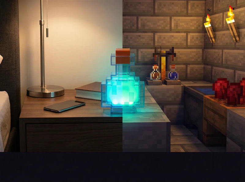 Transition visuelle d'une table de chevet réelle vers une salle d'alchimie virtuelle, illuminée par la veilleuse magique potion Minecraft.