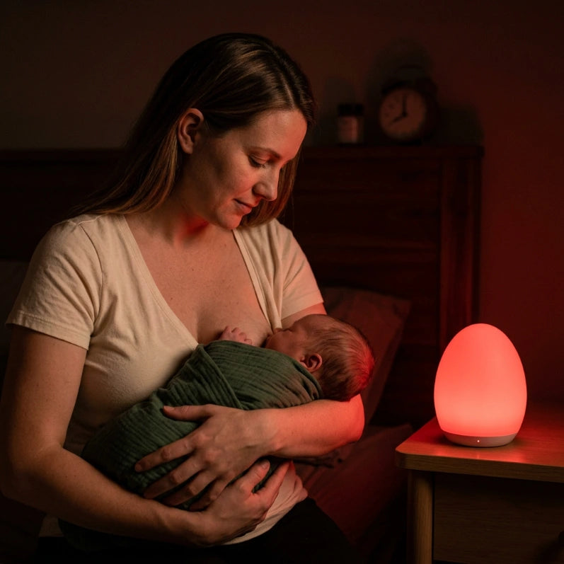 Maman allaitant son nouveau-né la nuit, veilleuse oeuf allumée en lumière rouge sur table de chevet — Tendre Veilleuse