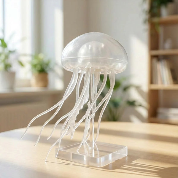 Veilleuse en forme de méduse transparente posée sur une table en bois, montrant ses tentacules réalistes et son design bionique épuré, prête à être utilisée comme lampe de chevet apaisante.