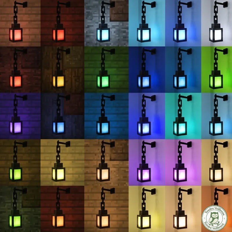 Mosaïque montrant les 16 couleurs de la veilleuse lanterne Minecraft, incluant les modes Lanterne des Âmes (bleu) et Feu (orange).