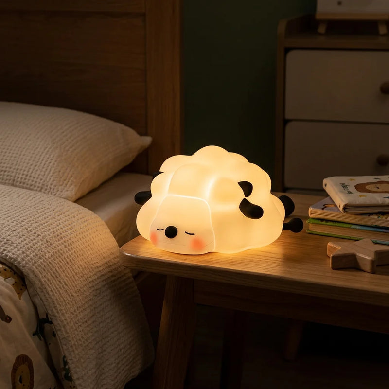 Veilleuse mouton silicone allumee sur table de nuit chambre enfant obscure halo lumineux doux 3 niveaux — Tendre Veilleuse