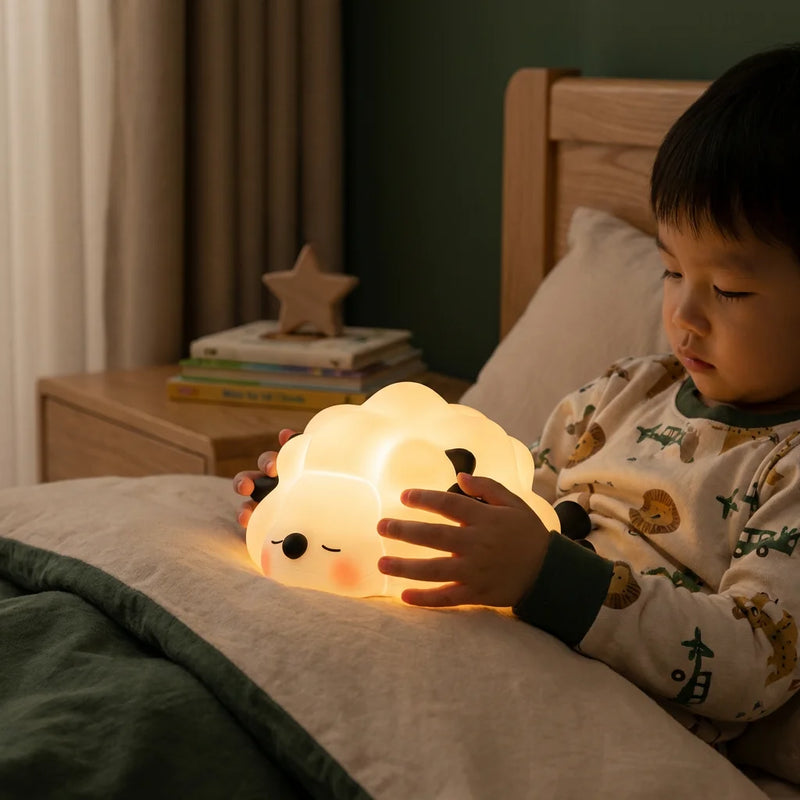 Enfant tenant une veilleuse mouton silicone allumee dans chambre obscure lumiere apaisante douce — Tendre Veilleuse