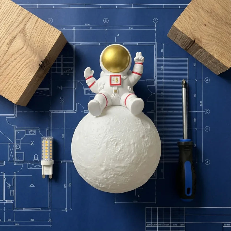 Veilleuse murale enfant en forme d'astronaute assis sur une lune, présentée sur un plan bleu avec son ampoule LED et les outils nécessaires à son installation murale.