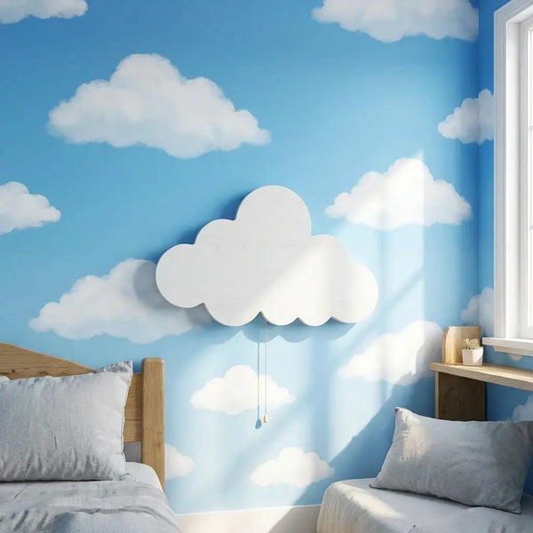 Veilleuse murale Nuage en bois blanc fixée au mur d'une chambre d'enfant - Tendre Veilleuse