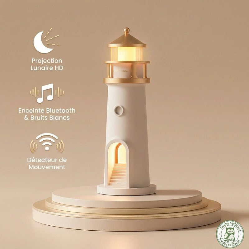 Résumé des fonctionnalités du Phare Lunaire : projection lune HD, enceinte Bluetooth avec bruits blancs intégrés et détecteur de mouvement.