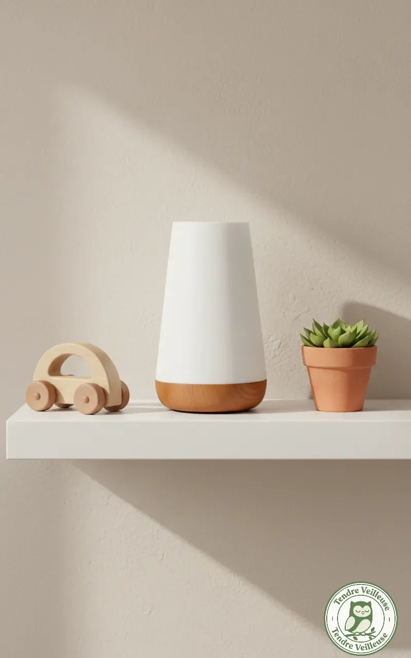 La veilleuse nomade au design épuré avec son socle bois, intégrée en décoration sur une étagère avec des jouets en bois.