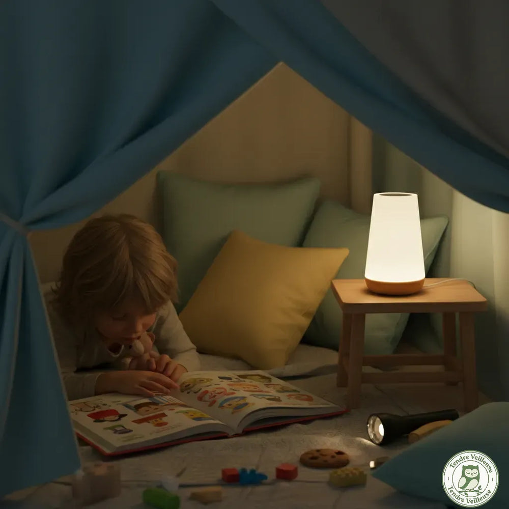 Enfant lisant un livre sous une cabane en tissu, éclairé par la lumière douce et réglable de la veilleuse nomade.