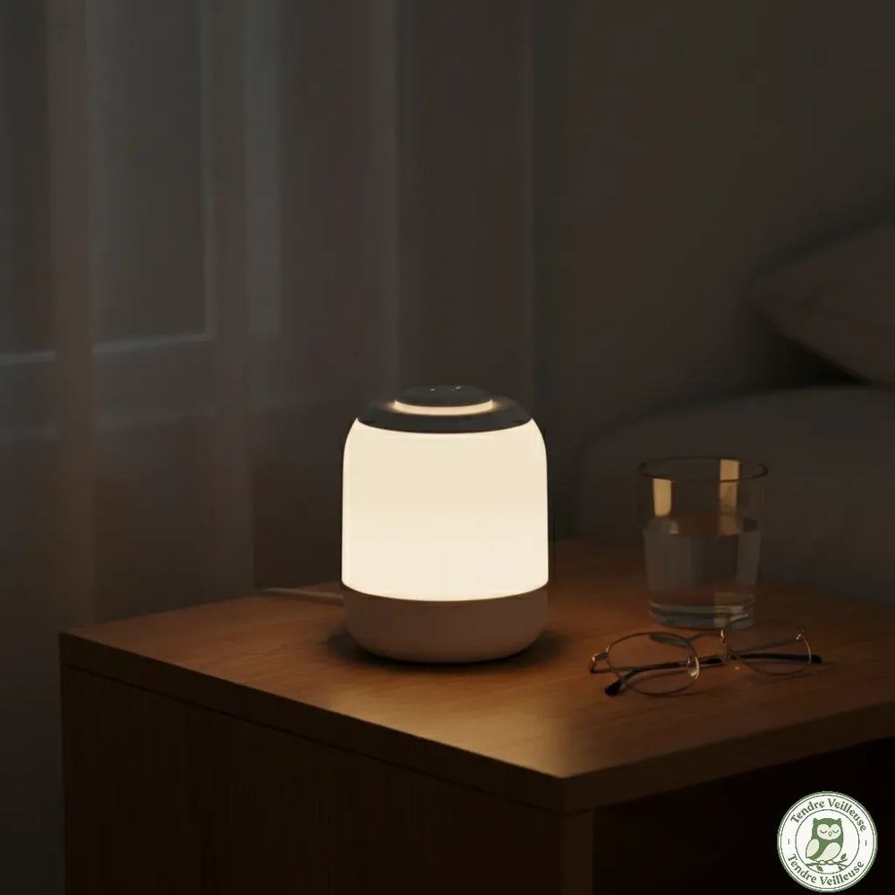 Veilleuse nomade LED allumée dans le noir diffusant une lumière douce et tamisée, idéale pour l'allaitement ou pour rassurer bébé sans l'éblouir.