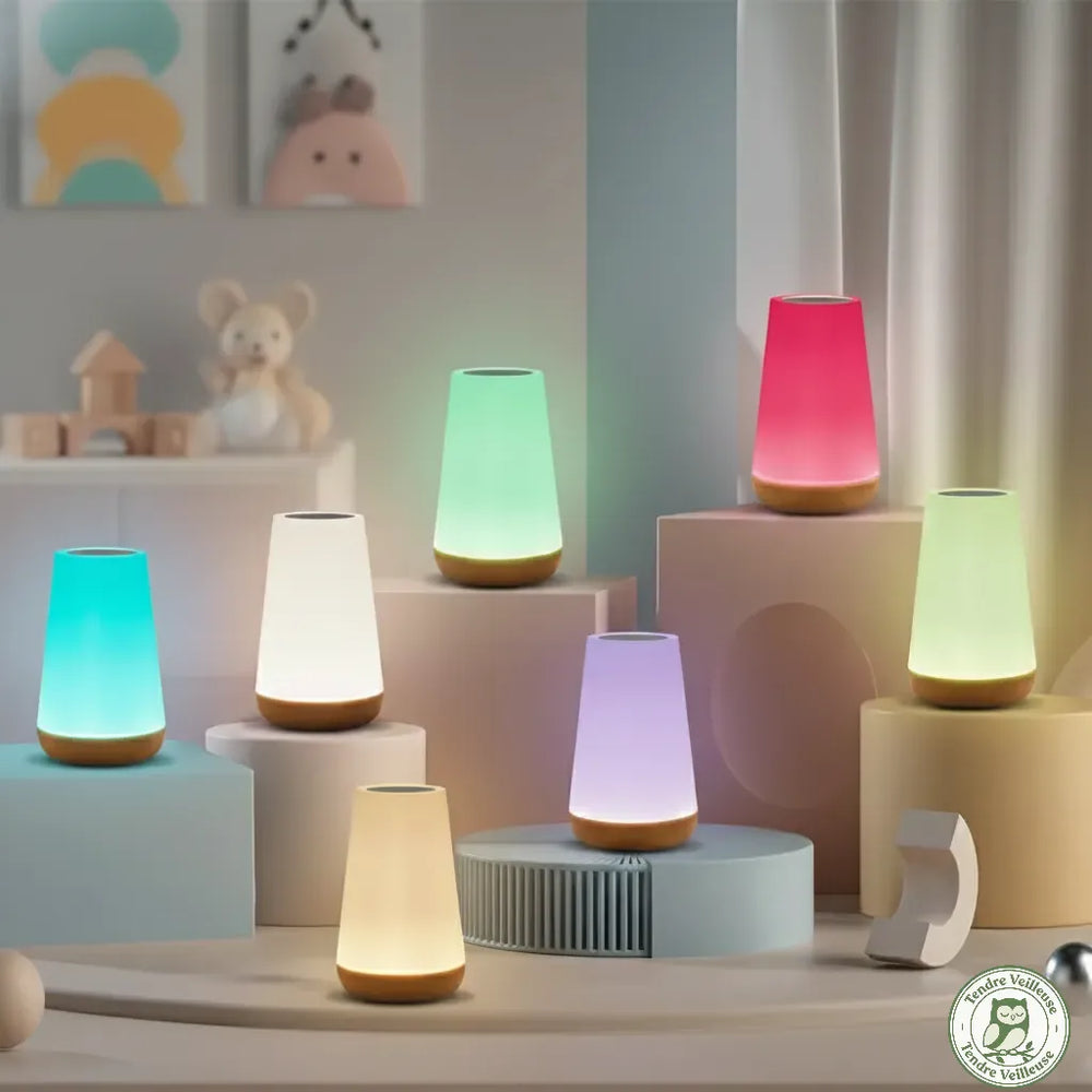 Assortiment de veilleuses nomades montrant les différentes couleurs d'éclairage LED (bleu, vert, rose, lumière chaude) dans un décor enfantin.