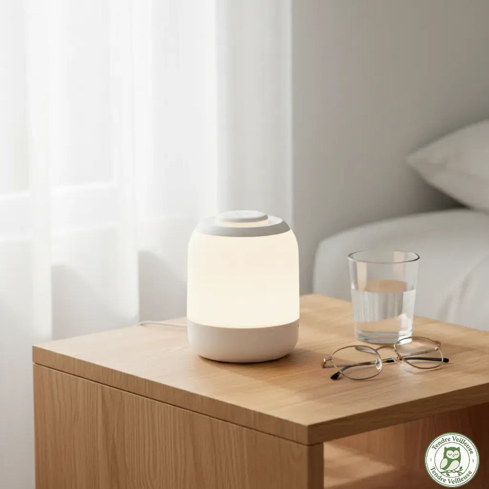 Veilleuse nomade LED rechargeable posée sur une table de nuit en bois, diffusant une lumière douce et tamisée idéale pour l'allaitement ou les déplacements nocturnes.