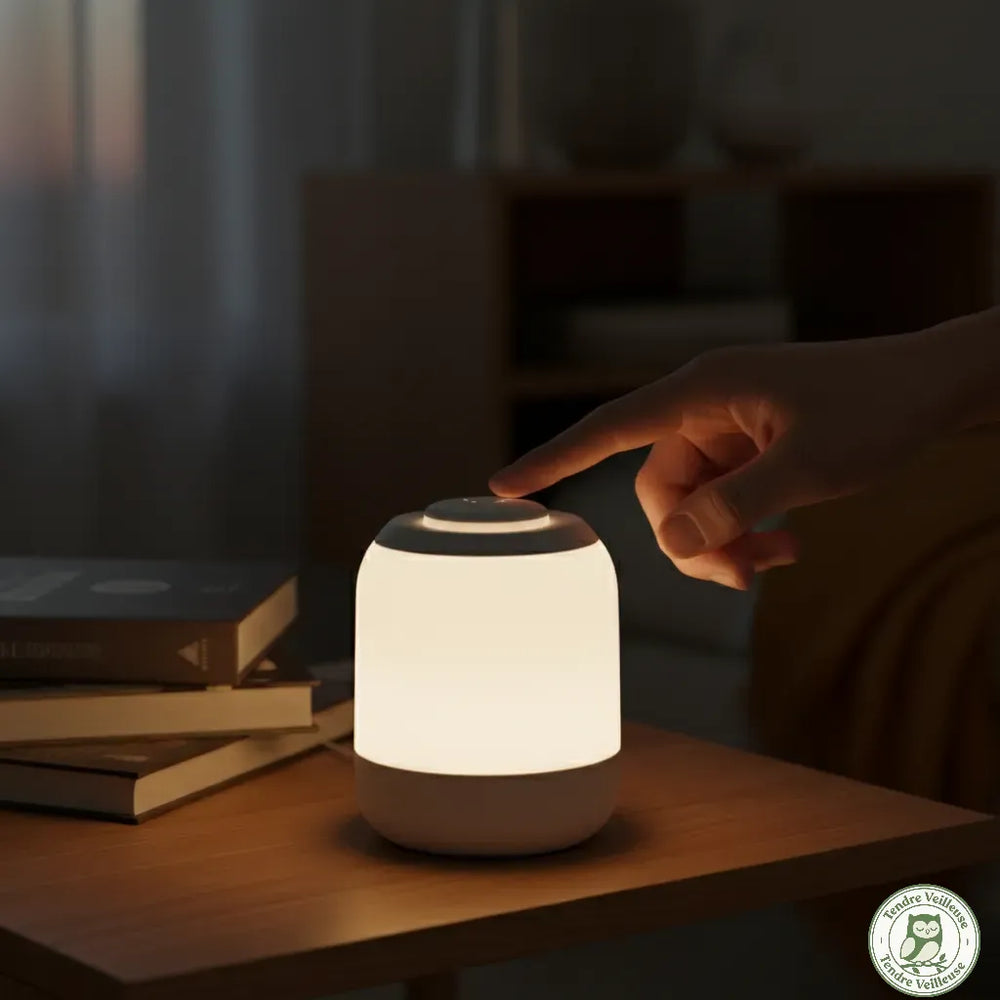 Démonstration de la fonction tactile de la veilleuse nomade LED : un simple toucher suffit pour l'allumer ou régler l'intensité, idéal pour l'histoire du soir.