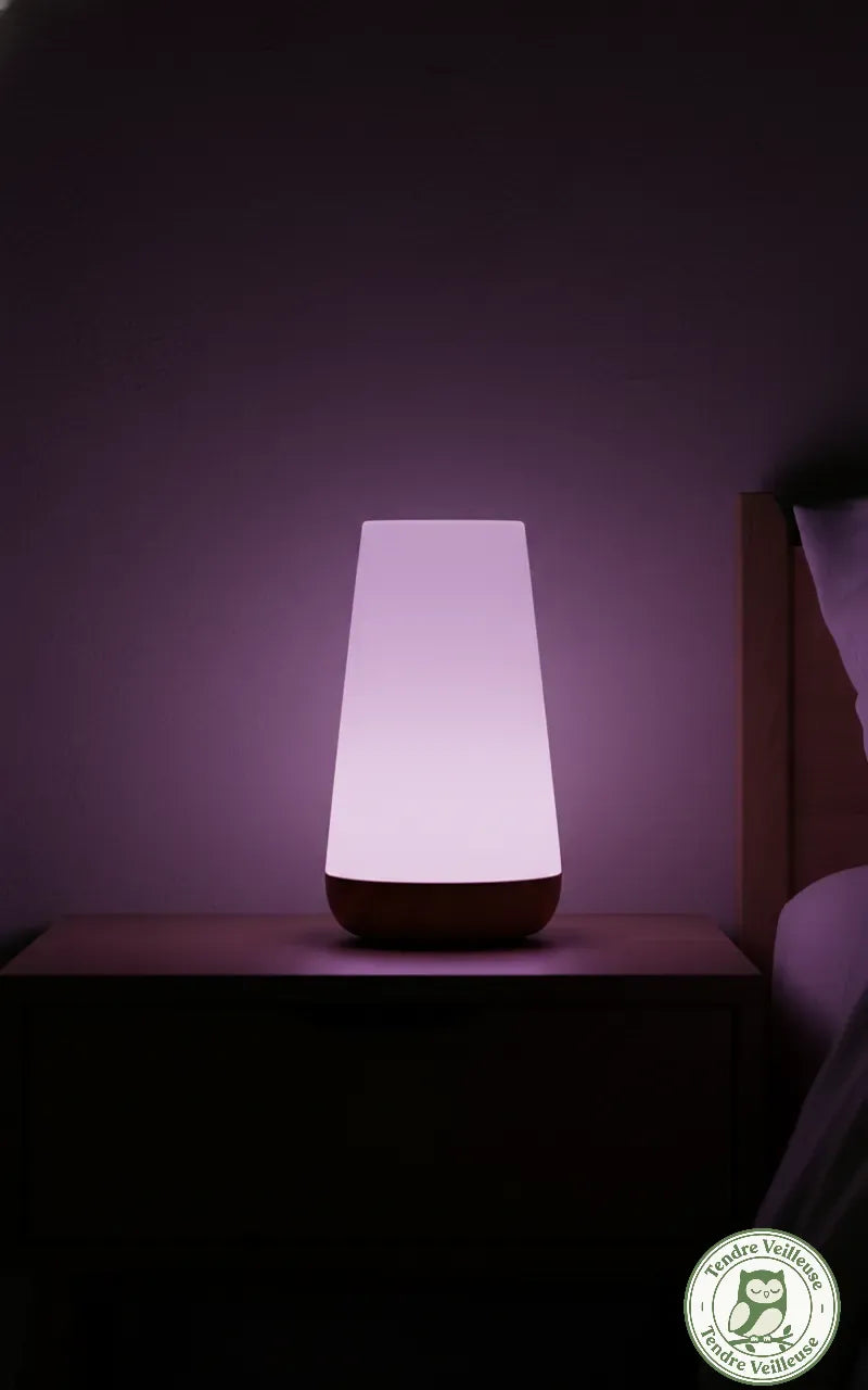 Veilleuse nomade LED allumée en couleur violette, posée sur une table de chevet en bois dans une chambre sombre.