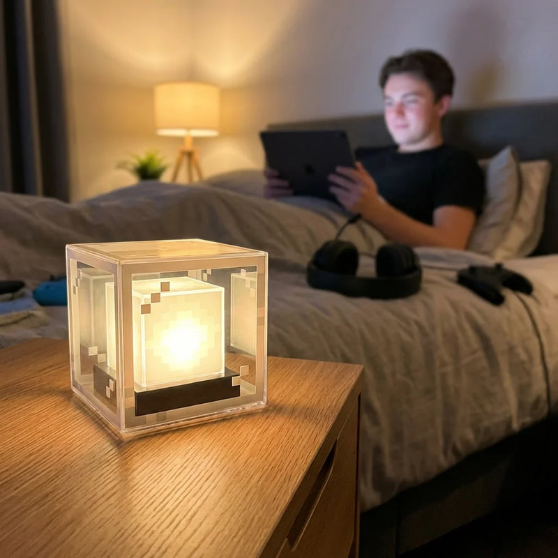 Photographie lifestyle authentique de la veilleuse nomade Balise allumée sur une table de chevet, offrant une ambiance lumineuse cozy et un éclairage 100% sans fil.