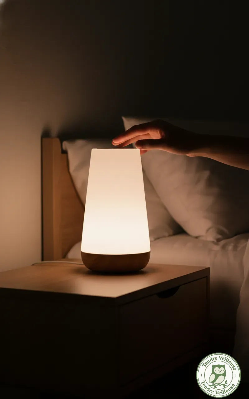 Main activant la fonction tactile sur le dessus de la veilleuse nomade posée sur une table de nuit pour ajuster la lumière.
