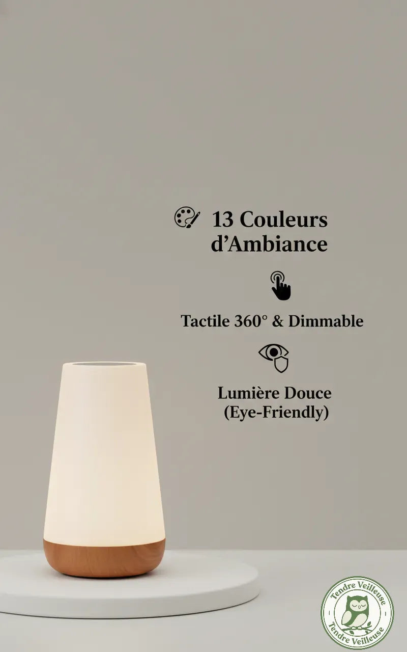 Infographie détaillant les fonctionnalités de la veilleuse nomade tactile : 13 couleurs d'ambiance, contrôle 360° dimmable et lumière douce.