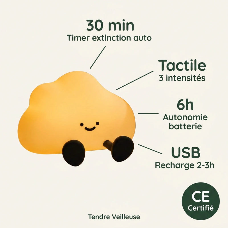 Infographie veilleuse nuage silicone RGB timer 30 min autonomie 6h recharge USB CE certifiée Tendre Veilleuse