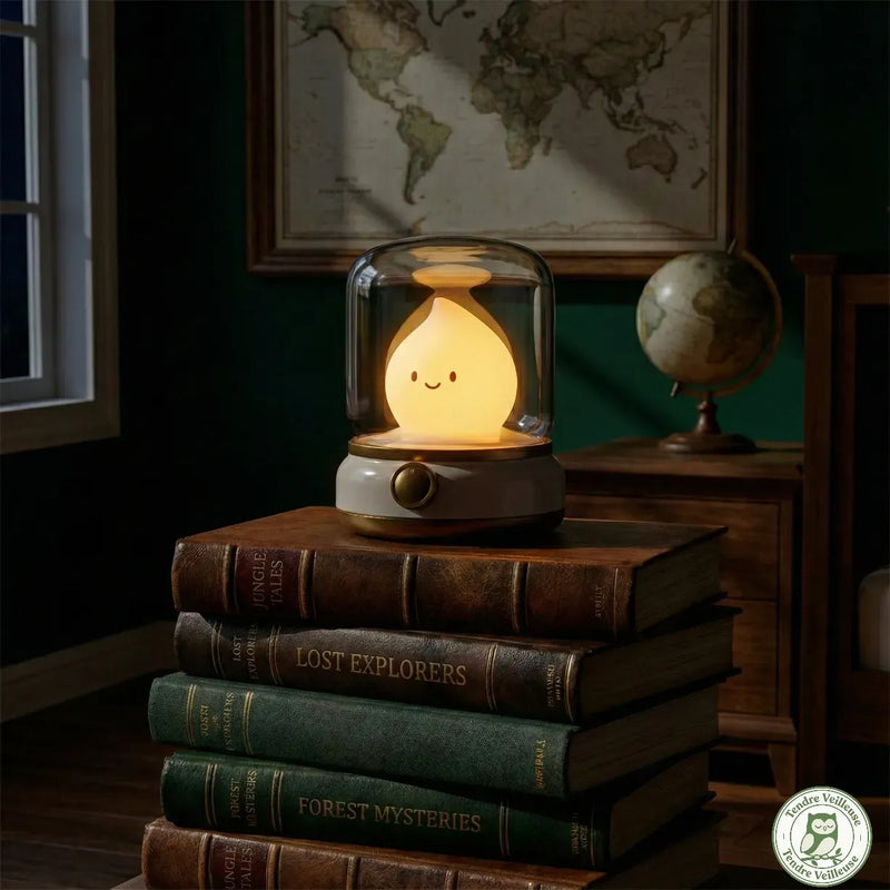 Veilleuse de Nuit Bougie LED rechargeable USB sur étagère chambre enfant, éteinte, design bougie sous cloche, 12h autonomie, Tendre Veilleuse