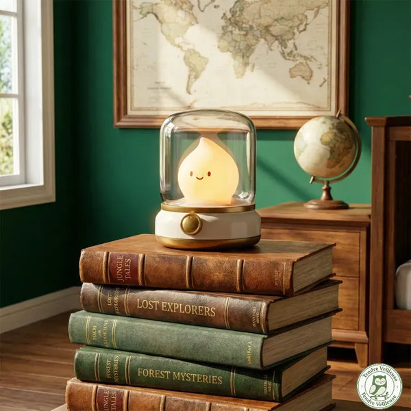 Veilleuse de Nuit Bougie LED éteinte posée sur livres anciens bibliothèque, cloche transparente flamme silicone ABS, certifiée CE, Tendre Veilleuse