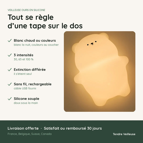 Veilleuse ours en silicone et ses caractéristiques : blanc chaud ou couleurs, 3 intensités, sans fil, Tendre Veilleuse