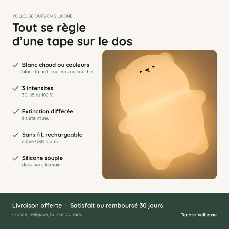 Veilleuse ours en silicone et ses caractéristiques : blanc chaud ou couleurs, 3 intensités, sans fil, Tendre Veilleuse