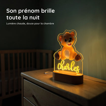 Veilleuse ourson personnalisée avec prénom, socle en bois