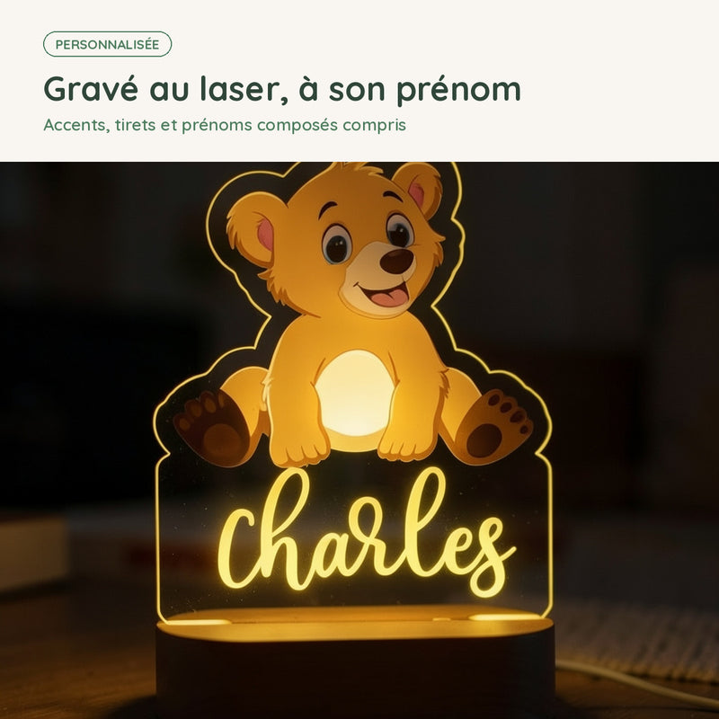 Prénom gravé au laser sur la veilleuse ourson personnalisée, accents et prénoms composés compris