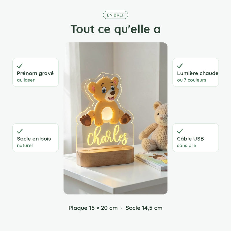 Veilleuse ourson personnalisée en bref : prénom gravé, socle en bois, lumière chaude ou 7 couleurs, USB sans pile