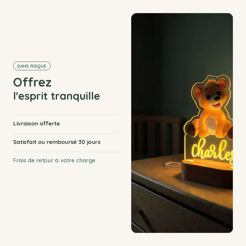 Veilleuse ourson personnalisée : livraison offerte, satisfait ou remboursé 30 jours