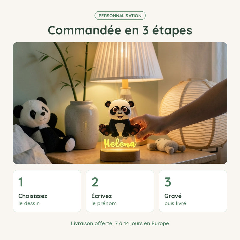 Veilleuse panda personnalisée commandée en 3 étapes : dessin, prénom, gravure et livraison offerte