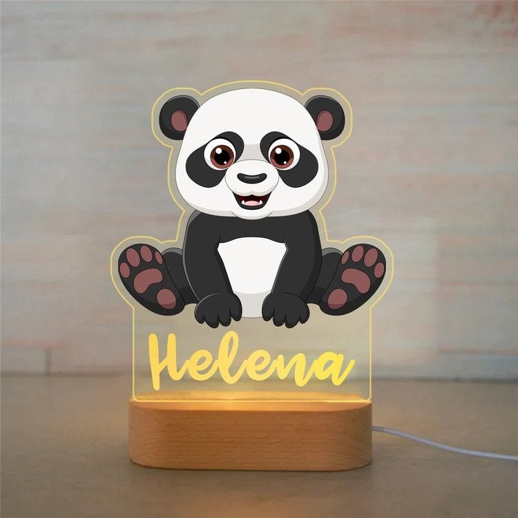 Veilleuse panda personnalisée avec prénom gravé, plaque acrylique allumée sur socle en bois