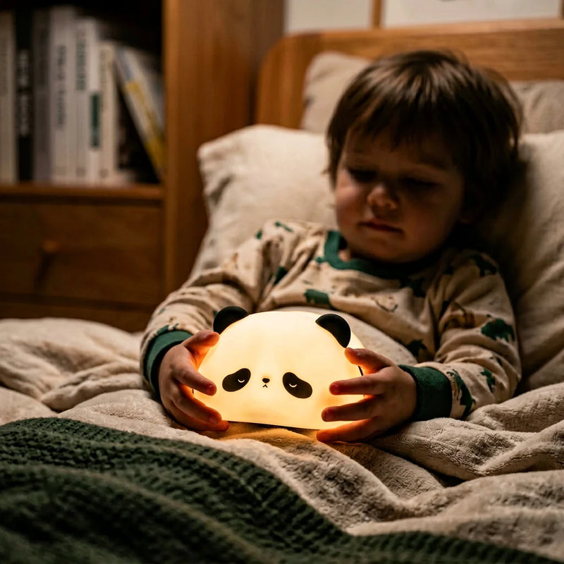 Enfant tenant une veilleuse panda silicone allumee dans chambre obscure lumiere apaisante douce, Tendre Veilleuse