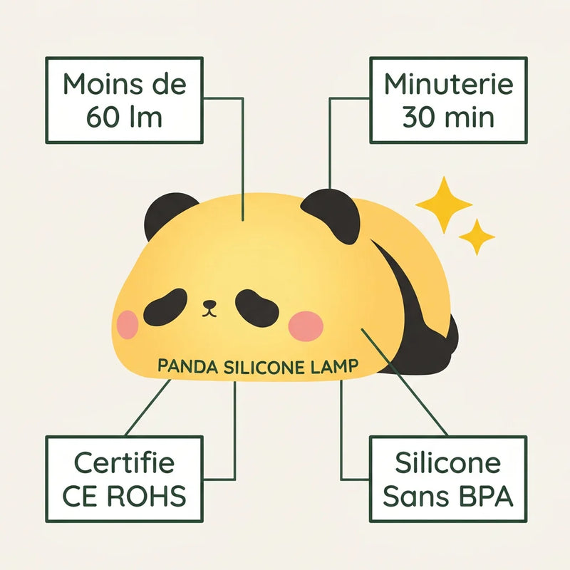 Veilleuse panda silicone infographie minuterie 30 min extinction auto certifiee CE ROHS moins 60 lm silicone sans BPA, Tendre Veilleuse