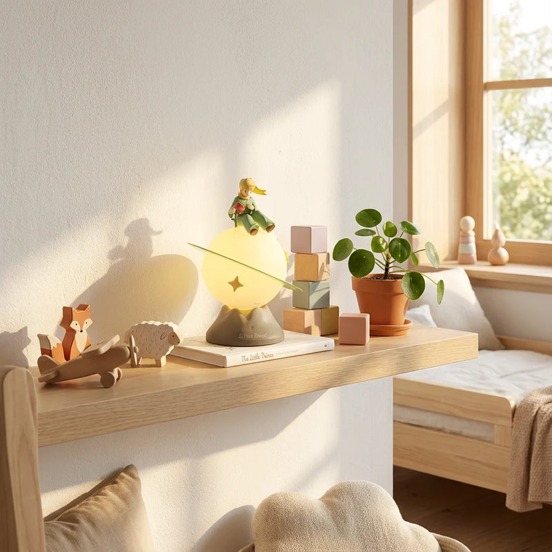 La Veilleuse Petit Prince allumée est posée sur une étagère en bois avec des jouets et une plante, dans une chambre d'enfant baignée de lumière naturelle douce. Un lit est visible en arrière-plan.